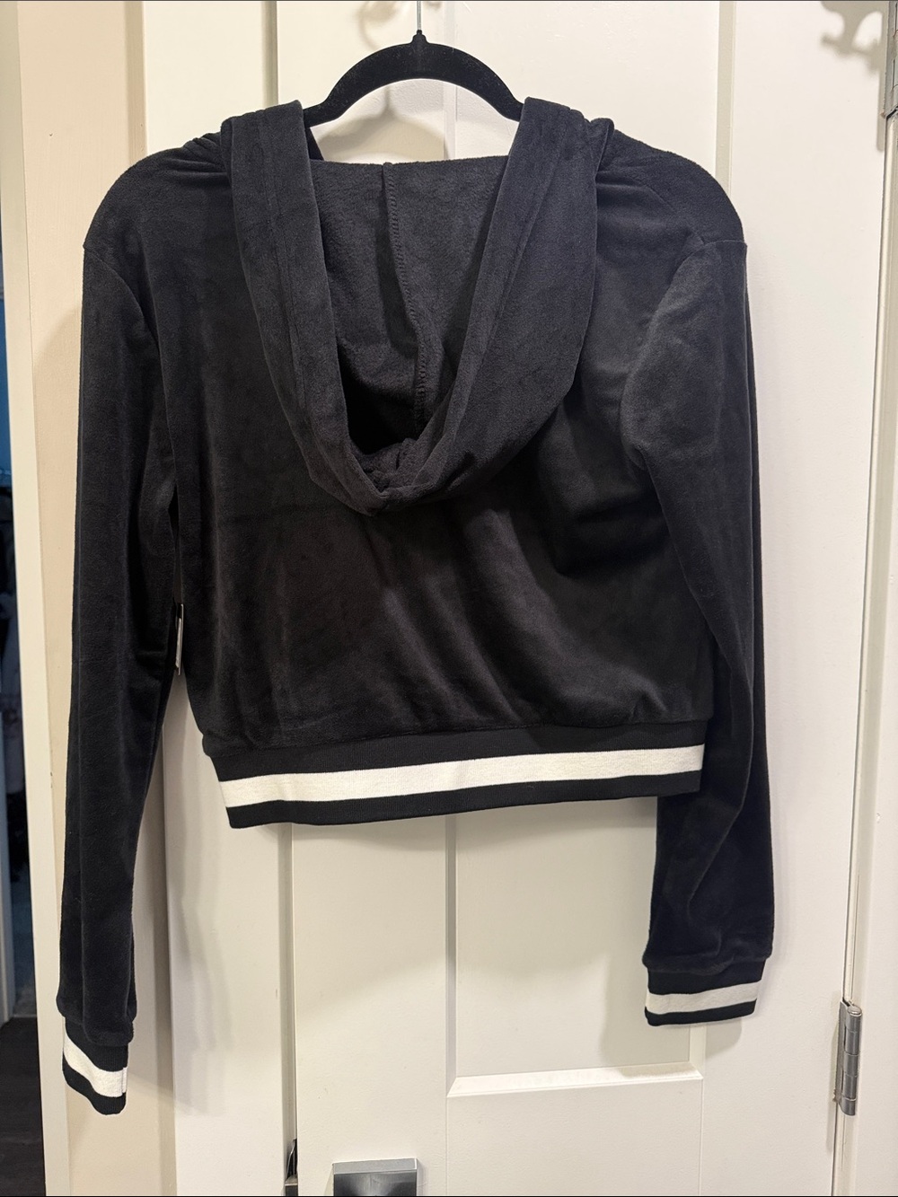 bebe Black Velour Zip-Up Hoodie with Striped Trim - Picture 6 of 7